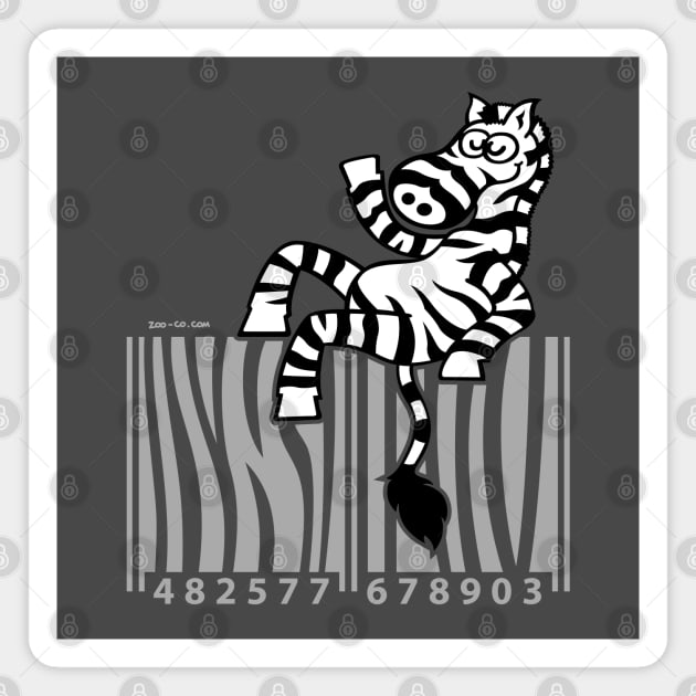 Cool zebra smiling and waving while seated on top of a barcode Magnet by zooco